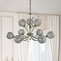 Bellis II lysekrone, antikk messingfarget, glass, 9 lyskilder, G9