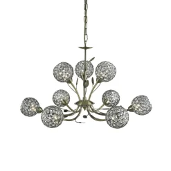 Bellis II lysekrone, antikk messingfarget, glass, 9 lyskilder, G9