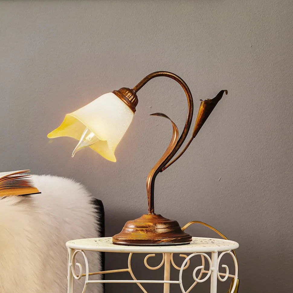 Bordlampe Lucrezia i bronse med blomsterskjerm