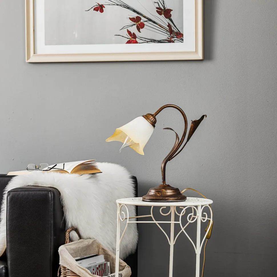 Bordlampe Lucrezia i bronse med blomsterskjerm