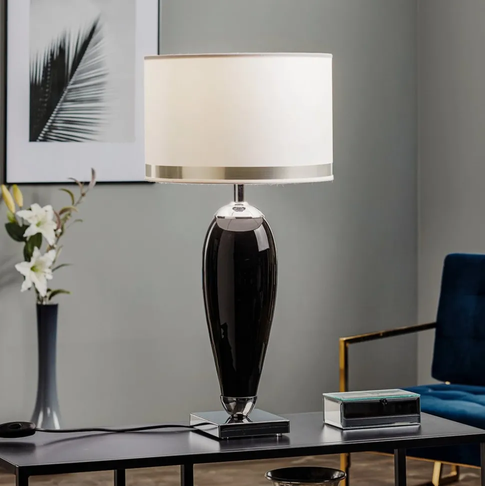 Bordlampe Lund, svart/hvit, høyde 60 cm, tekstil