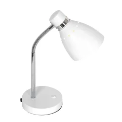 Bordlampe med fjær, hvit, metall, fleksibel arm, med bryter