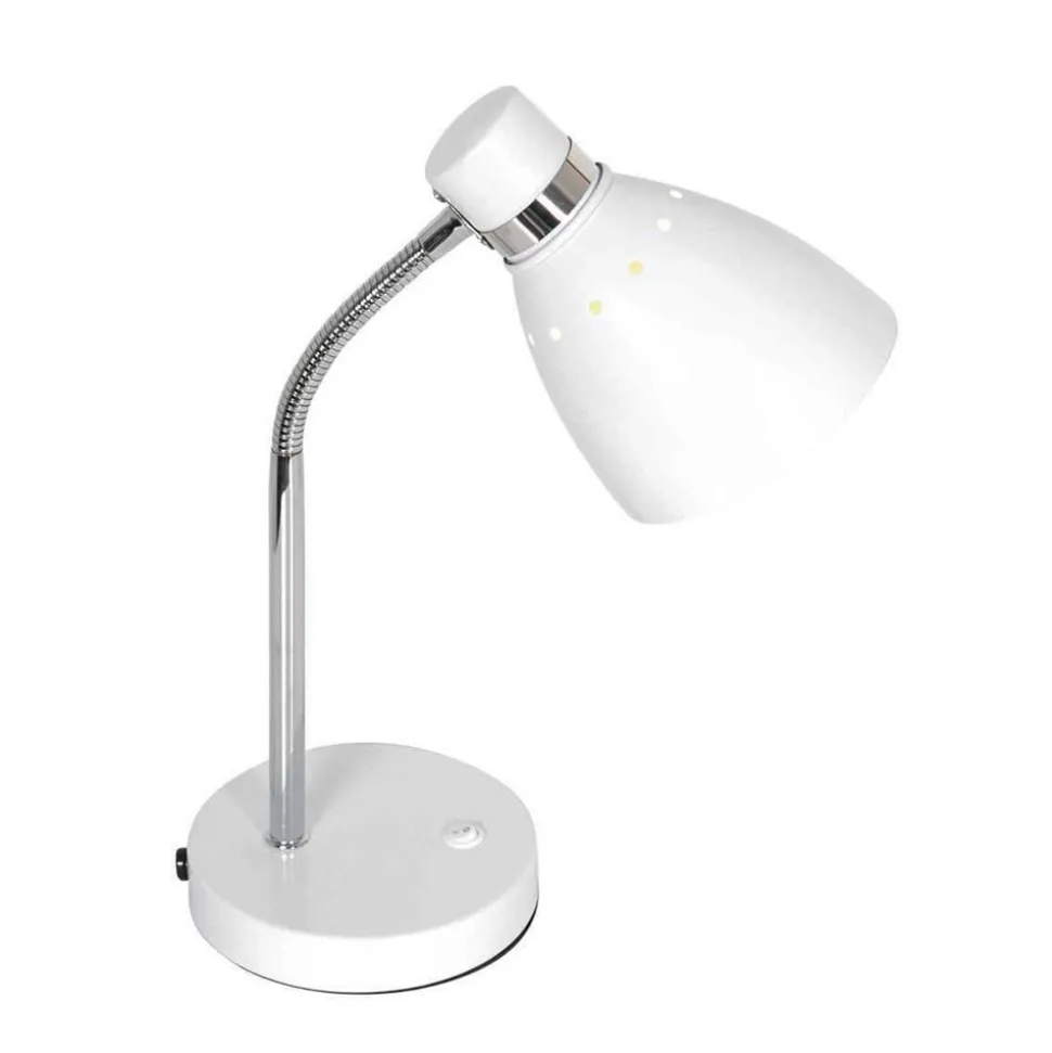 Bordlampe med fjær, hvit, metall, fleksibel arm, med bryter