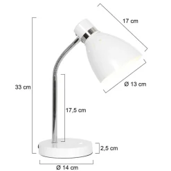 Bordlampe med fjær, hvit, metall, fleksibel arm, med bryter