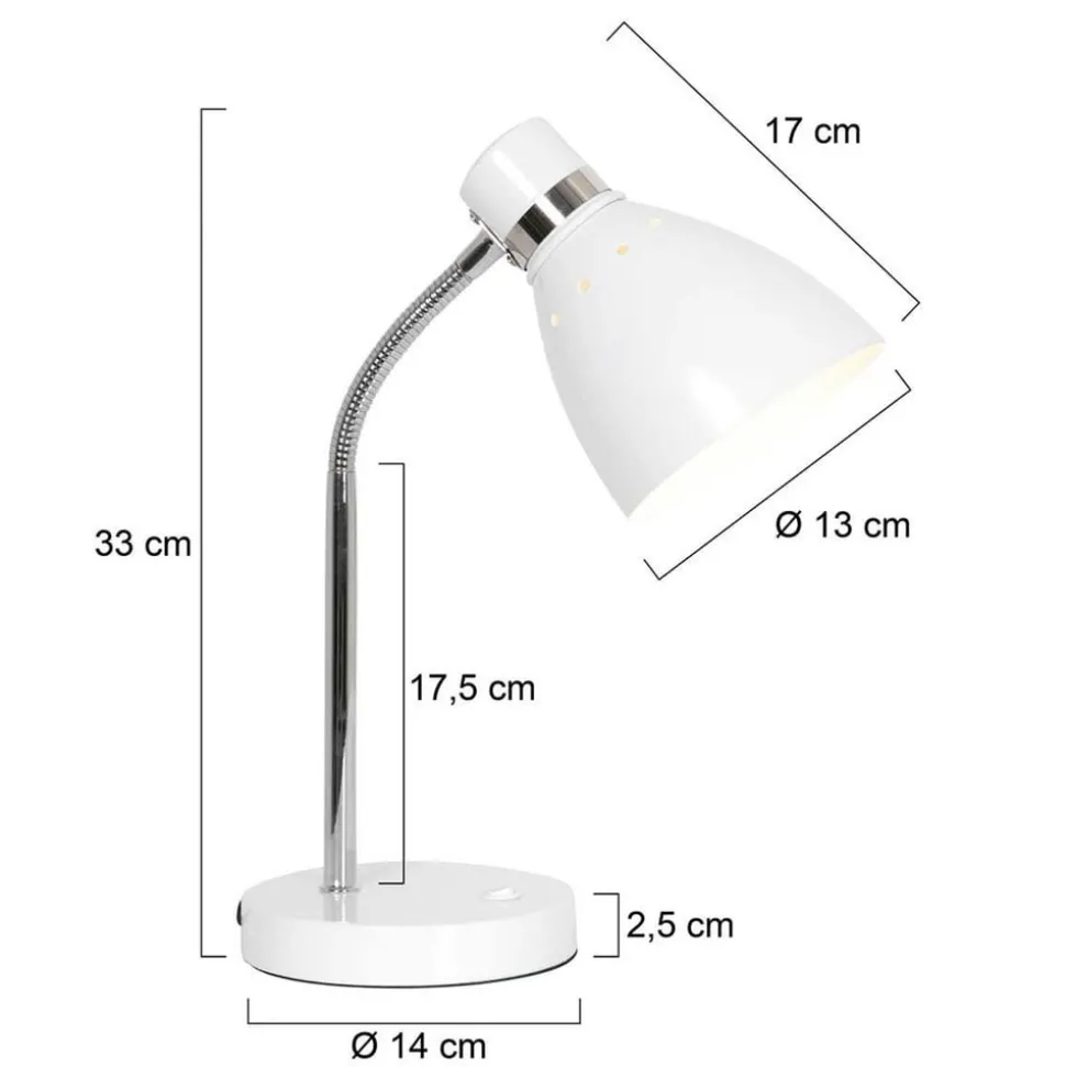 Bordlampe med fjær, hvit, metall, fleksibel arm, med bryter