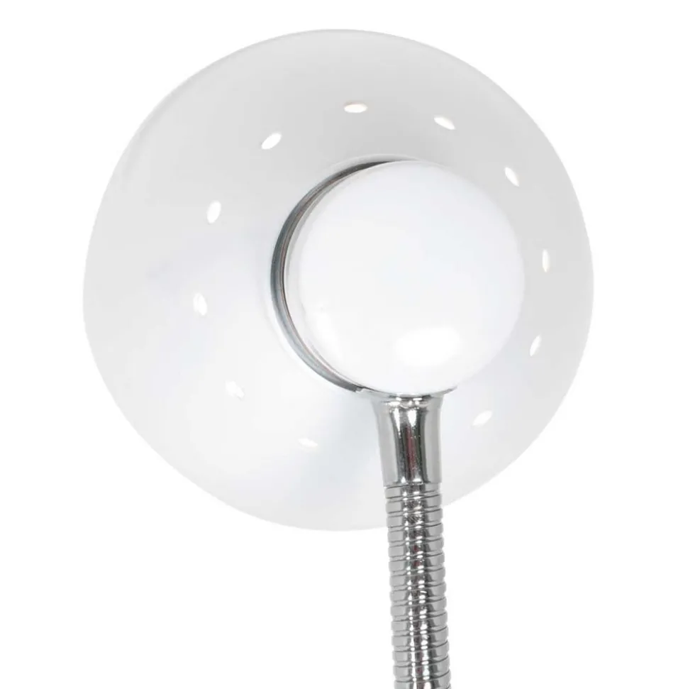 Bordlampe med fjær, hvit, metall, fleksibel arm, med bryter