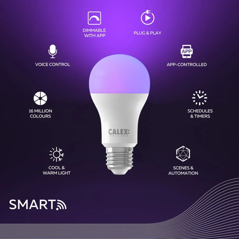 Calex Smart LED-pære E27 A60 9,4W CCT RGB sett med 2 stk