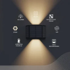 Calex Solar-LED-utendørs vegglampe Caserta, opp/ned, svart