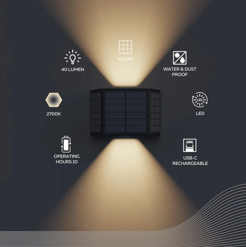 Calex Solar-LED-utendørs vegglampe Caserta, opp/ned, svart