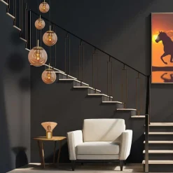 Glass-hengelampe Glasbol, messing, 5 lyskilder