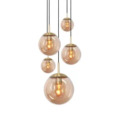 Glass-hengelampe Glasbol, messing, 5 lyskilder