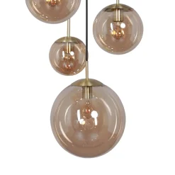 Glass-hengelampe Glasbol, messing, 5 lyskilder