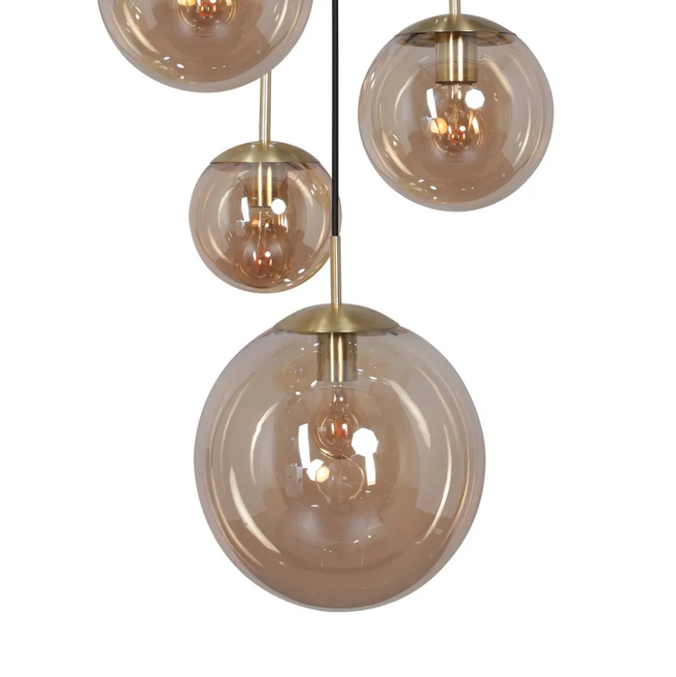 Glass-hengelampe Glasbol, messing, 5 lyskilder
