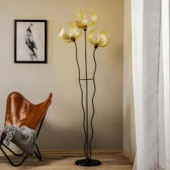 Gulvlampe Dubai, palmedekor, 3 lyskilder, gull