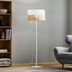 Gulvlampe Linobianco, skjerm i stoff og jute