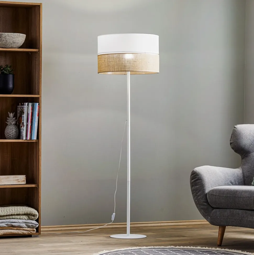 Gulvlampe Linobianco, skjerm i stoff og jute