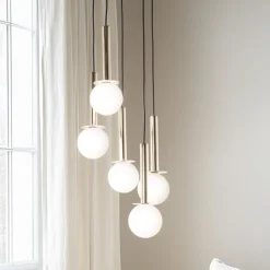 Hengelampe Daisy, 5 lyskilder, gull/hvit/svart, glass