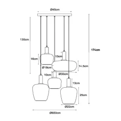 Ilona pendellampe, glass, multifarget, Ø 45 cm, 5 lyskilder