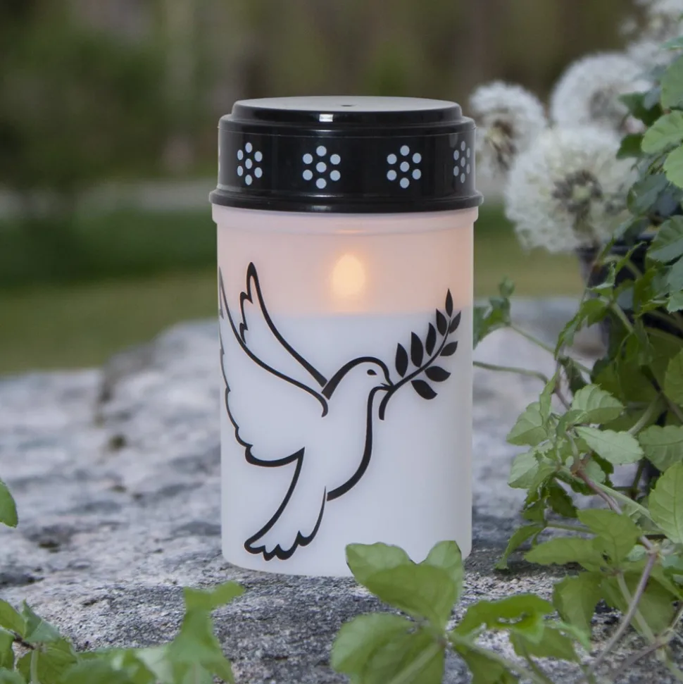 LED gravlys Dove, hvit/svart plast 12,5 cm batteri