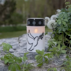 LED gravlys Dove, hvit/svart plast 12,5 cm batteri