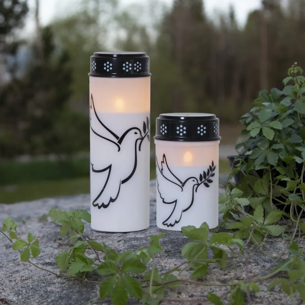 LED gravlys Dove, hvit/svart plast 12,5 cm batteri