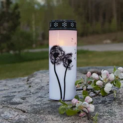 LED gravlys Løvetann, 21 cm hvit/svart plast batteri