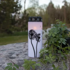 LED gravlys Løvetann, 21 cm hvit/svart plast batteri