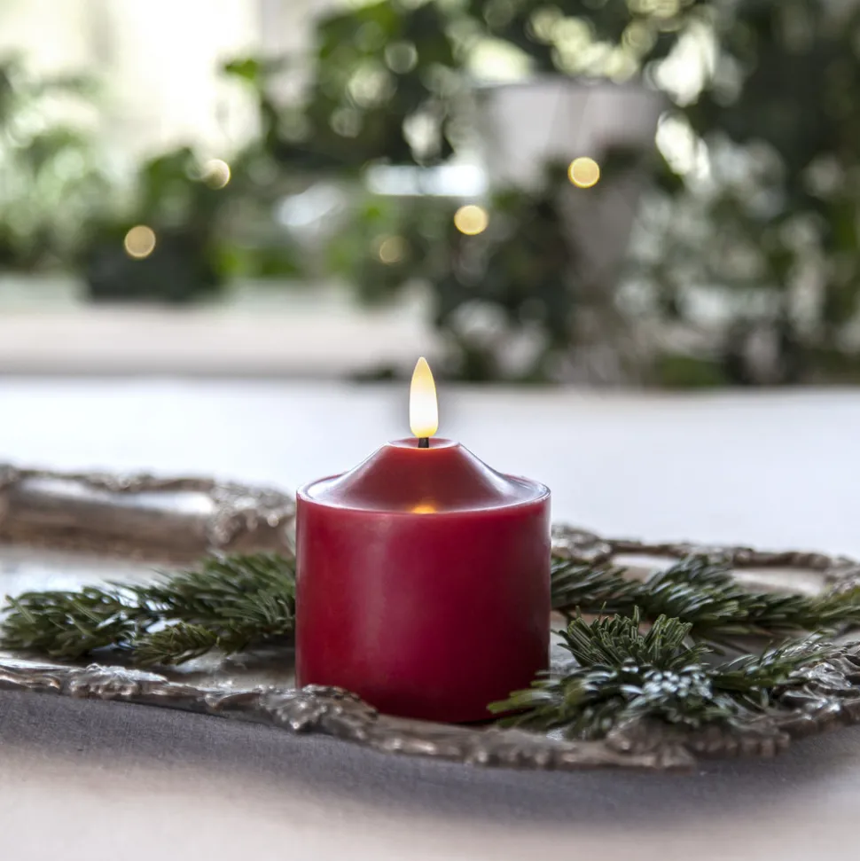 LED lysflamme, høyde 9,5 cm rød ekte voks batteridrevet