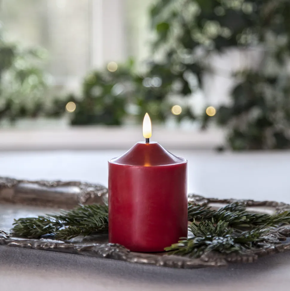 LED lysflamme, høyde 12 cm, rød ekte voks, batteridrevet
