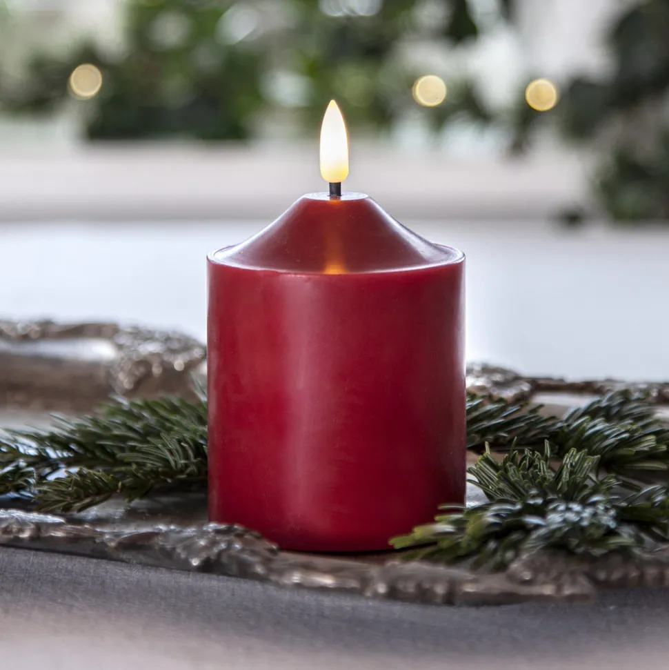 LED lysflamme, høyde 12 cm, rød ekte voks, batteridrevet