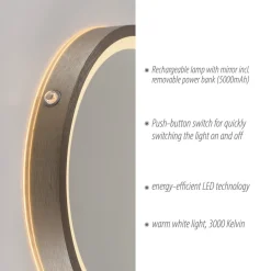 LED-veggspeil VIDRO, bronse, Ø 26 cm, powerbank, bryter