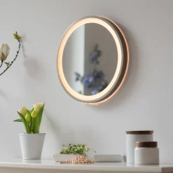 LED-veggspeil VIDRO, bronse, Ø 36 cm, powerbank, bryter