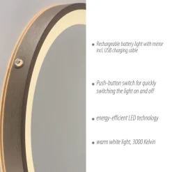 LED-veggspeil VIDRO, bronse, Ø 36 cm, powerbank, bryter