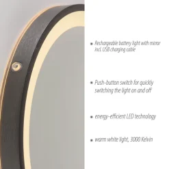 LED-veggspeil VIDRO, grå, Ø 36 cm, powerbank, bryter