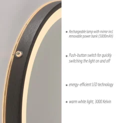LED-veggspeil VIDRO, grå, Ø 46 cm, powerbank, bryter