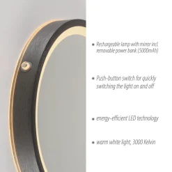 LED-veggspeil VIDRO, grå, Ø 26 cm, powerbank, bryter