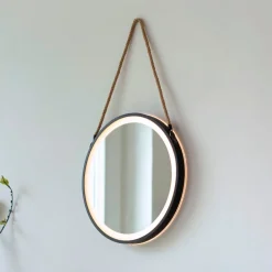 LED-veggspeil VIDRO, svart, Ø 40 cm, powerbank, hengende