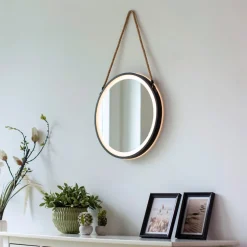 LED-veggspeil VIDRO, svart, Ø 40 cm, powerbank, hengende