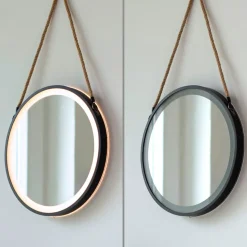 LED-veggspeil VIDRO, svart, Ø 40 cm, powerbank, hengende