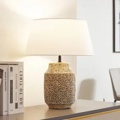 Lindby bordlampe Aelith, Ø 40 cm, brun, keramikk, E27