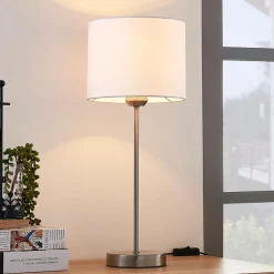 Lindby bordlampe Annatina, hvit, nikkel, høyde 48 cm, tekstil