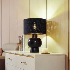 Lindby bordlampe Arved, svart, tekstil, keramikk, 46 cm