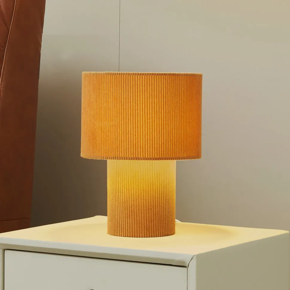 Lindby bordlampe Jone, lysebrun, tekstil, 30 cm høy, E27