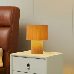 Lindby bordlampe Jone, lysebrun, tekstil, 30 cm høy, E27