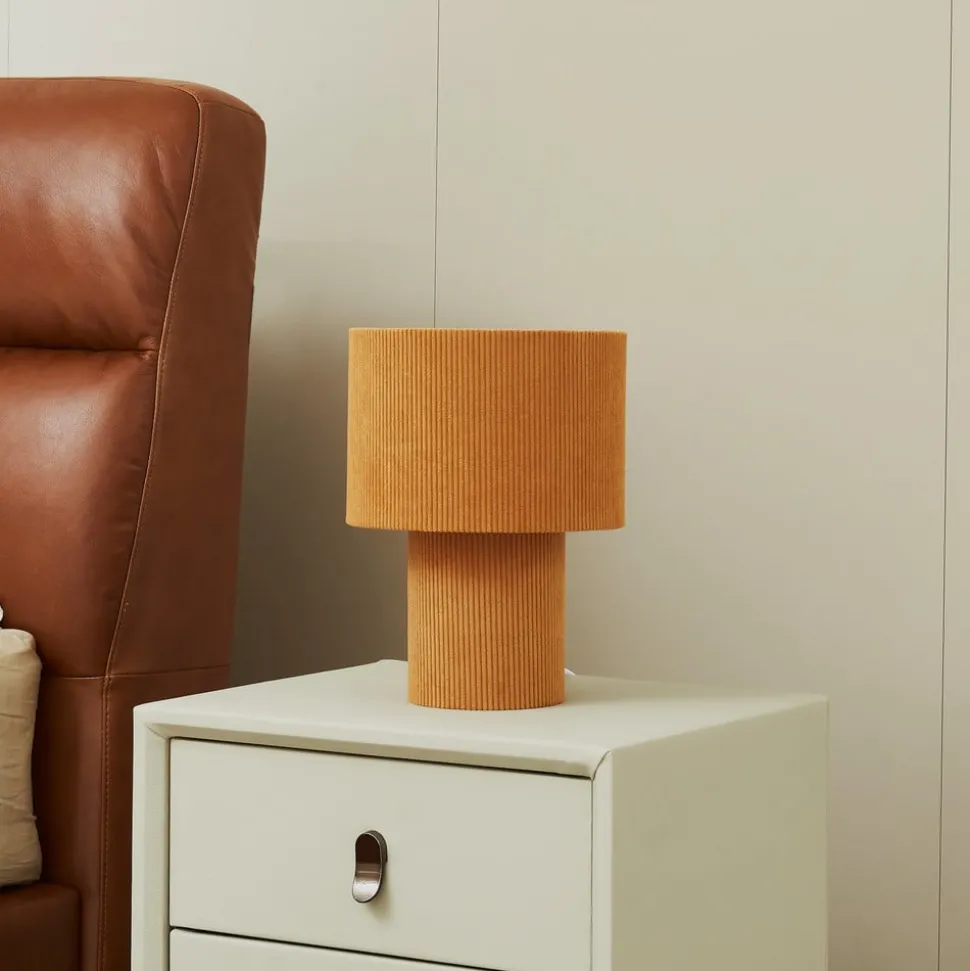 Lindby bordlampe Jone, lysebrun, tekstil, 30 cm høy, E27