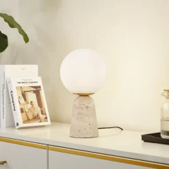 Lindby bordlampe Kirstan, beige, hvit, glass, stein, 33 cm