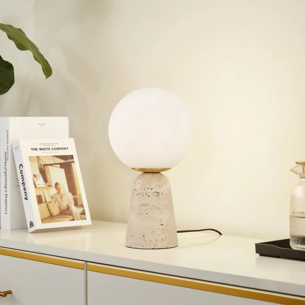 Lindby bordlampe Kirstan, beige, hvit, glass, stein, 33 cm