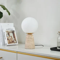 Lindby bordlampe Kirstan, beige, hvit, glass, stein, 33 cm