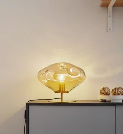 Lindby bordlampe Lelia, ravfarget, glass, metall, Ø 35 cm