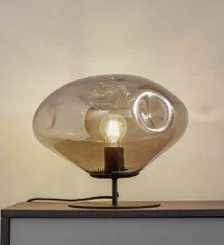 Lindby bordlampe Lelia, røykgrå, glass, metall, Ø 35 cm